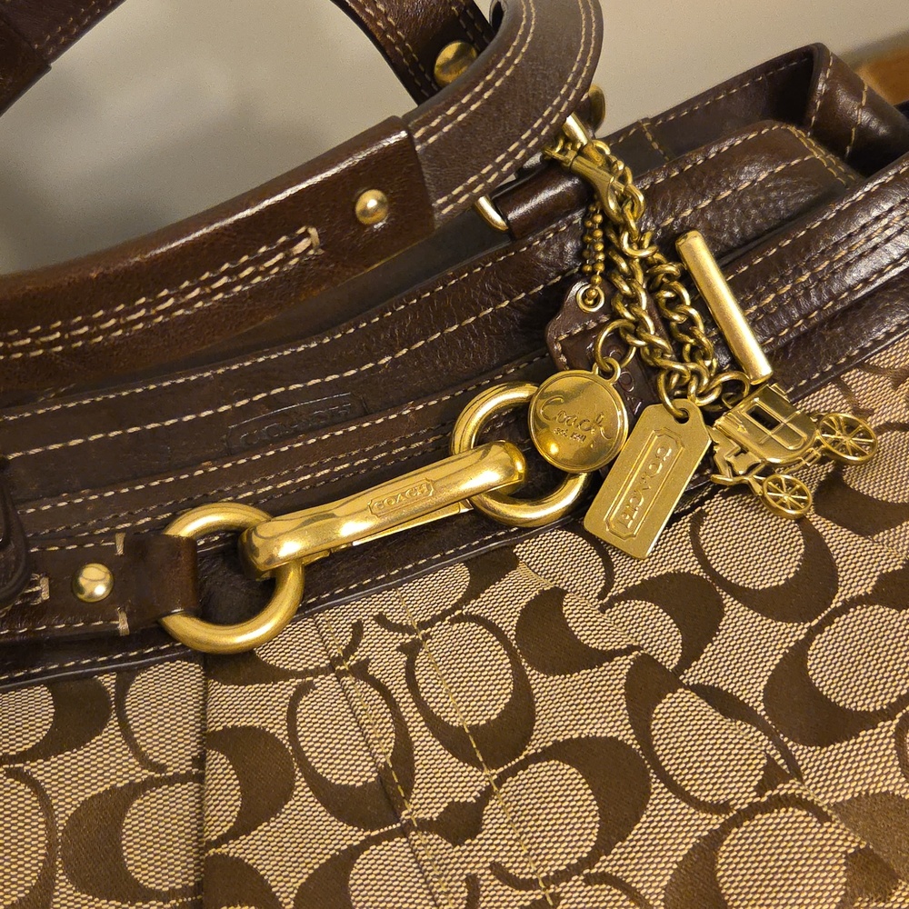 Coach Brown Signature Canvas Shoulder Tote with Leather Trim